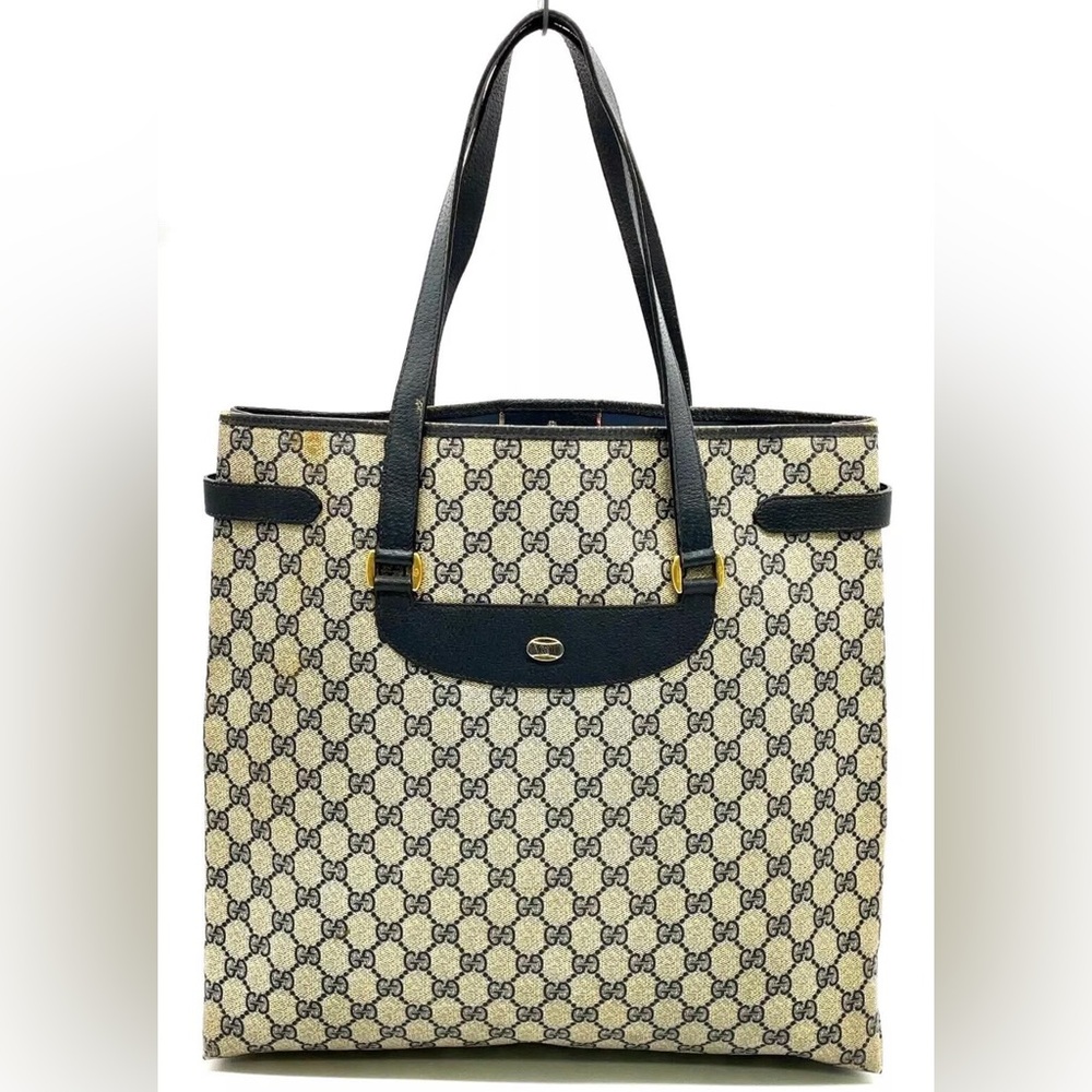 Vintage GUCCI GG Supreme Monogram Tote Bag Leather & PVC Black & Gray